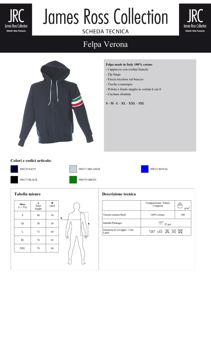 FELPA CON CAPPUCCIO E ZIP MADE IN ITALY JRC VERONA UOMO - immagine 8