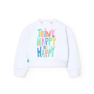 BOBOLI Felpa garzata per bimba con stampa e applicazioni fondo bianco 211015