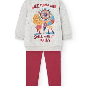BOBOLI Completo bambina in maglia grigia stampata ECRU