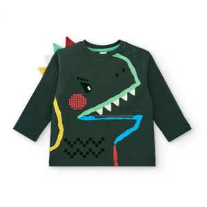 Tuc Tuc T-shirt a maniche lunghe da bambino con design dinosauro e cerniera della collezione Cyber Dino Green