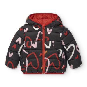 Tuc Tuc Parka fondo nero da bambina con stampa cuori della collezione Cartoon Calling BLACK