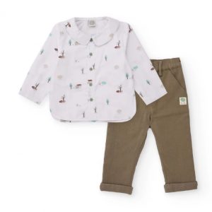 Tuc Tuc Completo di camicia e pantaloni per neonato con stampa di casette e alberi BEIGE