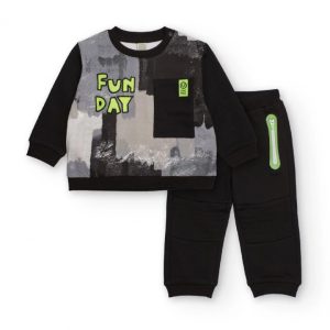 Tuc Tuc Completo felpa e pantaloni per bambino in nero con stampa a pennellate grigie e dettagli verdi 11399140 BLACK