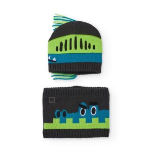 Tuc Tuc Set di berretto e scaldacollo grigio lavorato a maglia per bambini con motivo a dinosauro DARK GREY