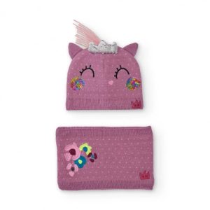 Tuc Tuc Set di berretto e scaldacollo in maglia per bambine rosa con motivo unicorno MAUVE