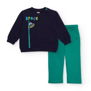 Tuc Tuc Completo felpa e pantaloni per bambino in blu navy e verde con stampa spaziale Green