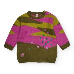 Tuc Tuc Maglione in maglia per bambina nei colori verde oliva e fucsia con dettagli floreali ricamati MAGENTA