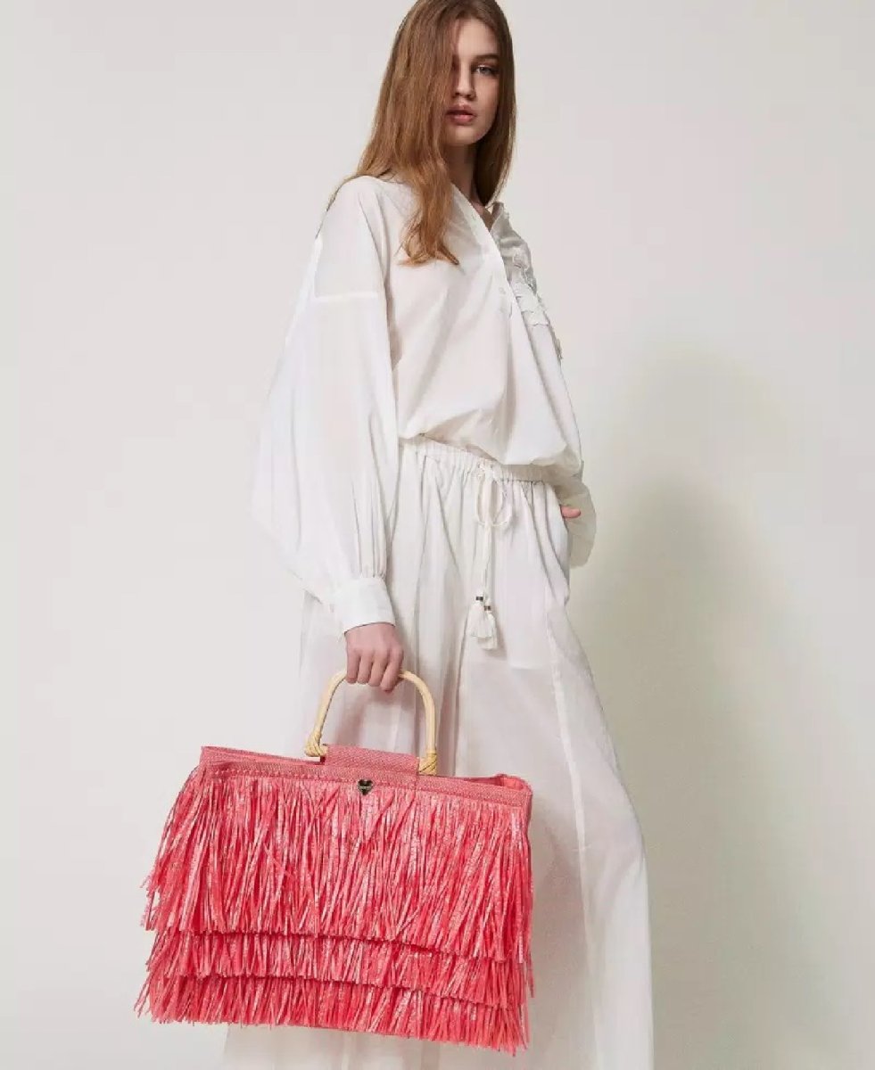 Twin Set Borsa shopper in juta con frange 251LM8ADD CORAL SUNSET - immagine 4