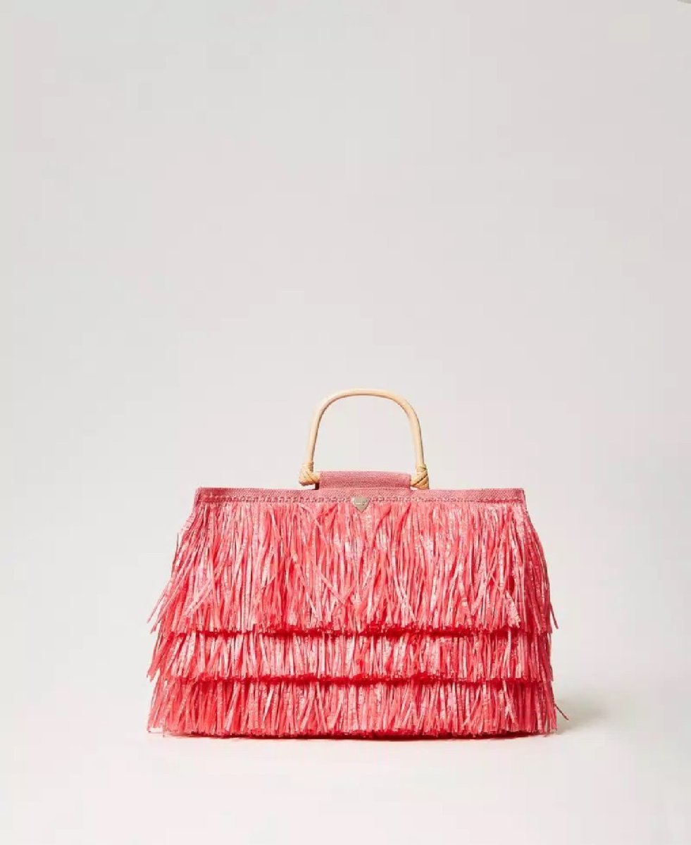 Twin Set Borsa shopper in juta con frange 251LM8ADD CORAL SUNSET - immagine 5