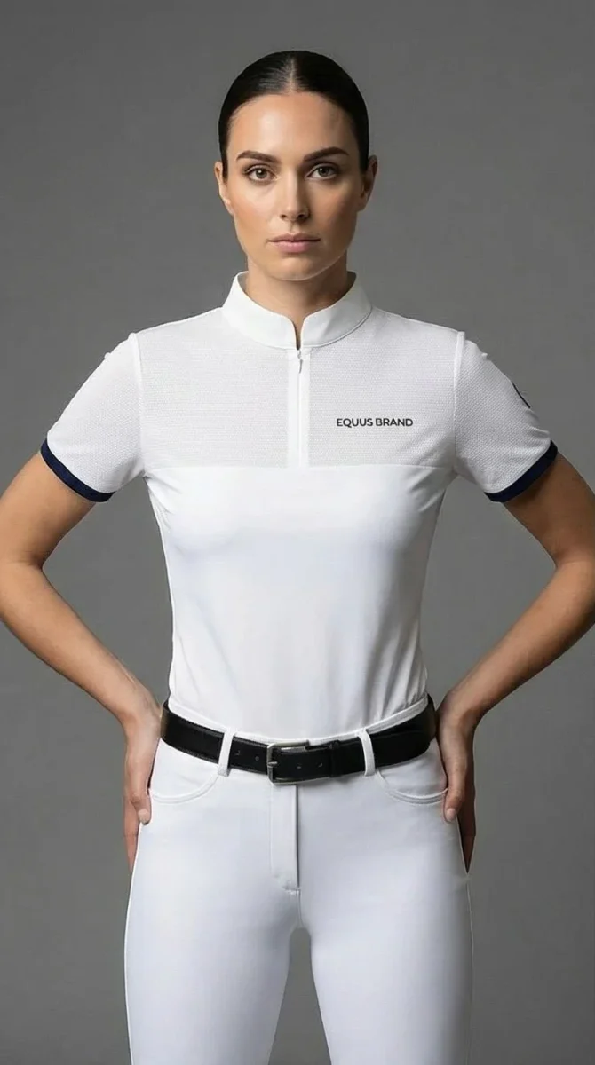 Polo da concorso equitazione donna Maya – Bianca con bordo blu navy - immagine 5
